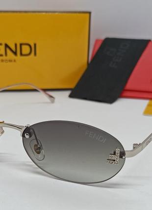 Окуляри в стилі fendi жіночі сонцезахисні овальні безоправні вузькі сіро зелений градієнт з сріблястим металом