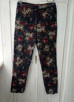 Коттоновые стрейчевые брюки, джинсы, скинни в цветочный принт
