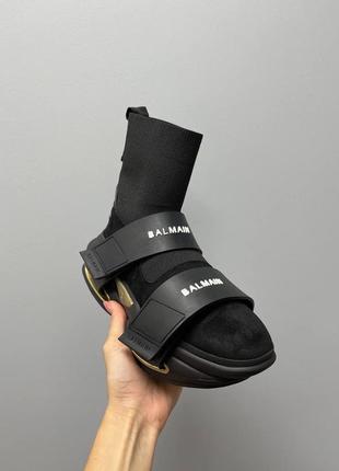 Женские высокие кроссовки хайтопы balmain b-bold sneakers 'black gold' / ботинки. сапоги, удлиненный носок бальман черные обувь на весну 20248 фото