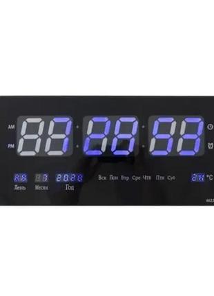 Настінний електронний led годинник із датою, будильником і температурою digital clock 4622 чорний із синім1 фото