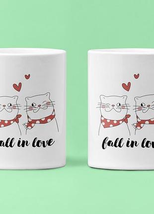 Парные чашки кружки влюбился влюбилась fall in love котики для влюблённых белые 330 мл