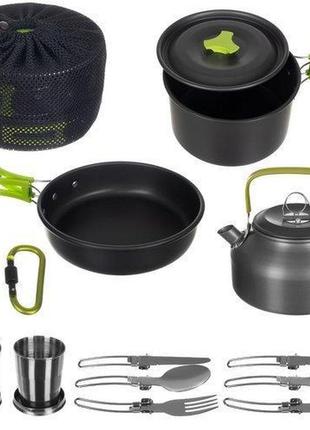 Набір туристичного посуду 3в1 алюмінієвий, cooking set ds-308 (чайник, каструля, сковорідка)1 фото