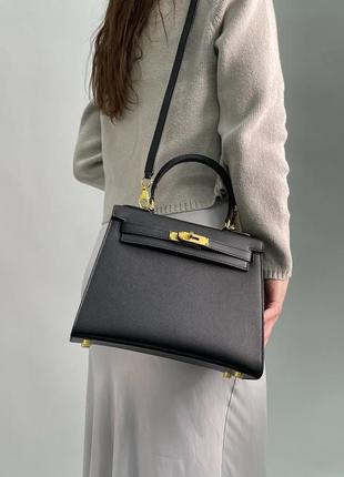 Женская сумка hermes kelly 25 black/gold5 фото