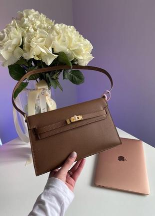 Женская сумка hermes kelly pochette brown/gold5 фото