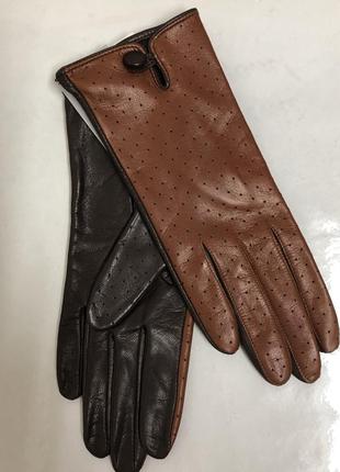 Жіночі шкіряні рукавички без підкладки з натуральної шкіри. колір рудий з коричневим.