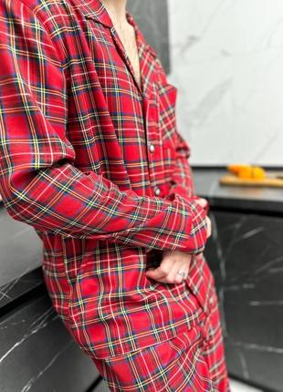 Мужская пижама фланелевая оверсайз красная с черным комплект рубашка и штаны клетчатая (b)3 фото