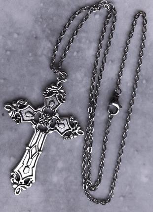 Ланцюжок ланцюг із підвіскою великим хрестиком хрестом хрест готичний сріблястий під срібло3 фото
