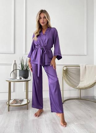 Качественная шелковая женская домашняя пижама для сна костюм пижамного стиля цвет баклажан ткань шелк армани