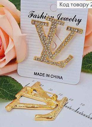 Брошь женская на одежду золотистого цвета, в камнях 4см.