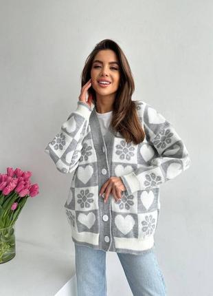 Теплий кардиган кофта жіноча вʼязаний s/m/l/xl, 50% вовна, 50% акрил, сірий