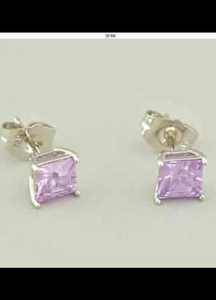 Серьги розовый кубик фианита покрытие родий