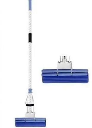 Швабра-косичка с отжимом голубой цвет с металлической ручкой для уборки, с губкой-валиком