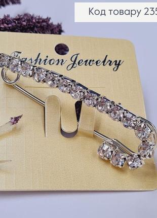 Брошка шпилька з великими камінцями жіноча сріблястий колір, прикраса з металу на одяг