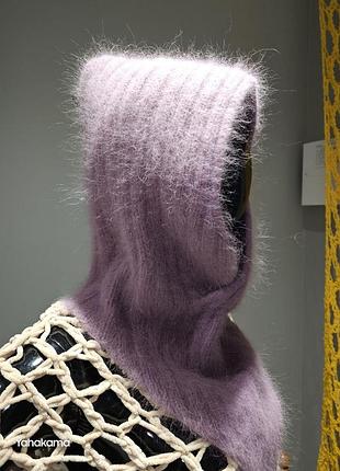 Капор с уголком - капюшон ягодный пушистый теплый ручная работа