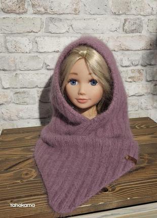 Капор с уголком - капюшон ягодный пушистый теплый ручная работа