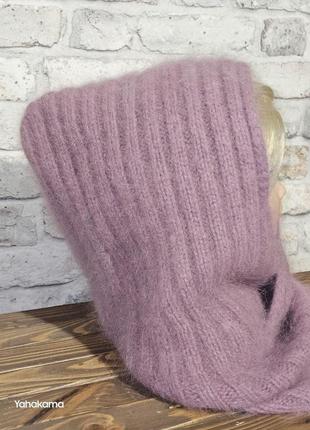 Капор с уголком - капюшон ягодный пушистый теплый ручная работа