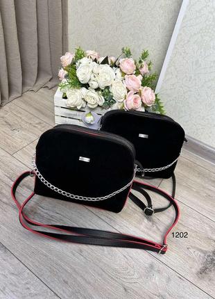 Женская сумочка замшевая черная небольшая на три отделения6 фото