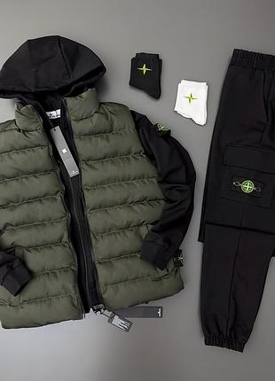 Мужской спортивный костюм stone island жилетка + зип худи + штаны черный с хаки с капюшоном стон айленд (b)