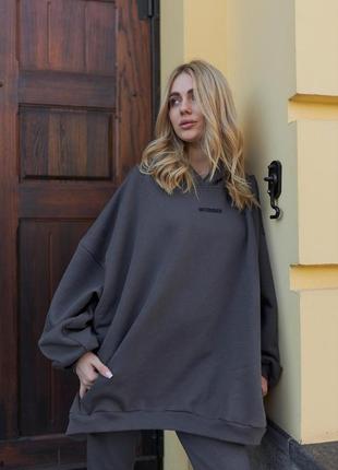 Женское зимнее худи оверсайз графит толстовка с капюшоном на флисе (b)