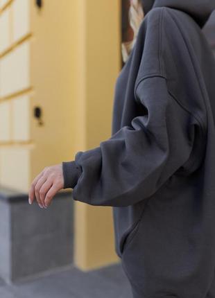 Женское зимнее худи оверсайз графит толстовка с капюшоном на флисе (b)