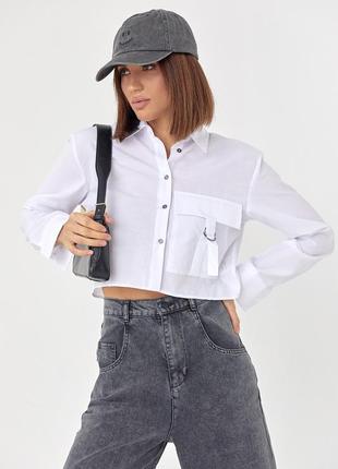 Укорочена жіноча сорочка з накладною кишенею колір білий fl_001097