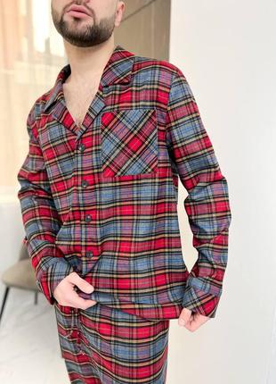 Мужская пижама фланелевая оверсайз красная с серым комплект рубашка и штаны клетчатая (b)3 фото