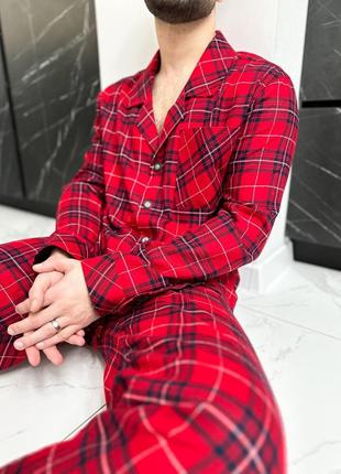 Мужская пижама фланелевая оверсайз красная комплект рубашка и штаны клетчатая (b)8 фото