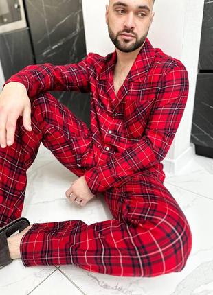 Мужская пижама фланелевая оверсайз красная комплект рубашка и штаны клетчатая (b)3 фото