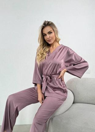 Качественная шелковая женская домашняя пижама для сна костюм в пижамном стиле цвет фрез ткань шелк армани5 фото