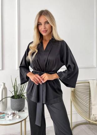 Качественная шелковая женская домашняя пижама для сна костюм пижамного стиля цвет черный ткань шелк армани2 фото