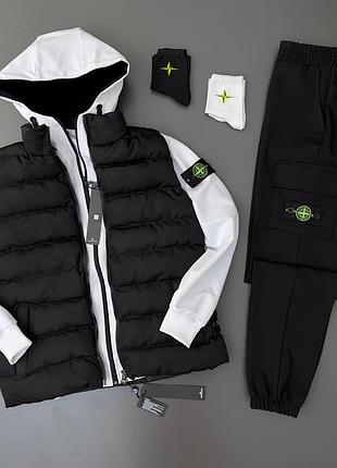 Мужской спортивный костюм stone island жилетка + зип худи + штаны черный с белым  с капюшоном стон айленд (b)