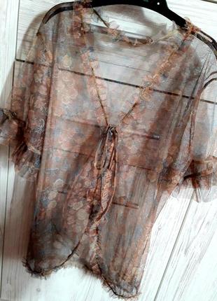 Эксклюзивная гарчичная/сетчатая блуза/болеро на завязках с рюшами.