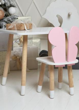 Білий прямокутний столик та стільчик дитячий рожевий метелик з білим сидінням. білий дитячий столик6 фото