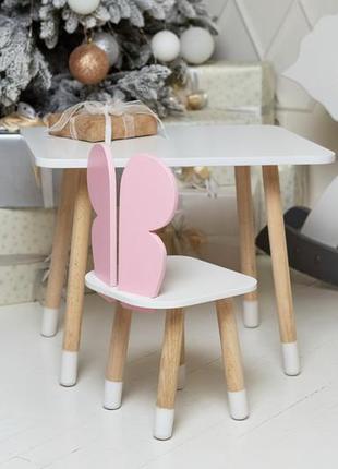 Білий прямокутний столик та стільчик дитячий рожевий метелик з білим сидінням. білий дитячий столик4 фото