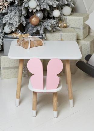 Білий прямокутний столик та стільчик дитячий рожевий метелик з білим сидінням. білий дитячий столик5 фото