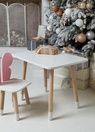 Білий прямокутний столик та стільчик дитячий рожевий метелик з білим сидінням. білий дитячий столик9 фото