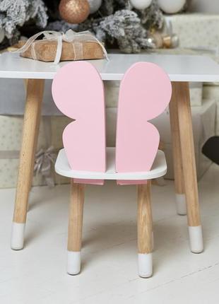 Білий прямокутний столик та стільчик дитячий рожевий метелик з білим сидінням. білий дитячий столик10 фото