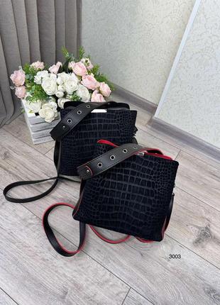 Женская сумочка черная с красным замшевая под рептилию6 фото