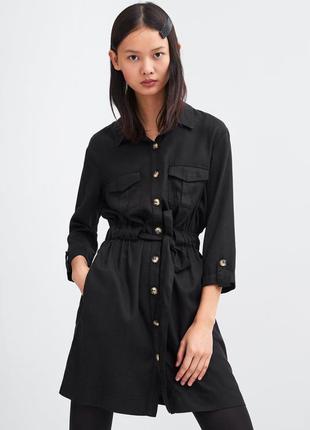Платье рубашка zara черное с поясом приталенное короткое мини на пуговицах карманами