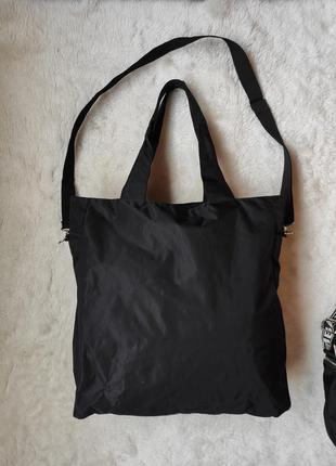 Черная нейлоновая большая сумка шоппер вместительная мягкая сумка с карманами спереди спортивная10 фото