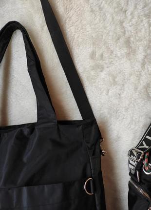 Черная нейлоновая большая сумка шоппер вместительная мягкая сумка с карманами спереди спортивная5 фото