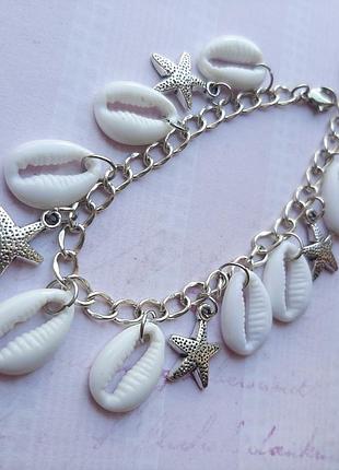 Браслет с подвесками ракушк звезд цепочк ручн раб hand made морск лето пляж бижут сер