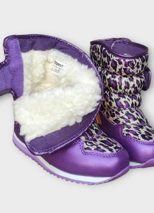 Зимние сапоги, дутики ботинки для девочки сиреневые леопард легкие на липучке9 фото