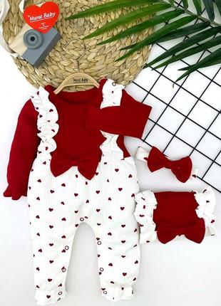 Ромпер в рубчик с повязкой в сердечки для девочек