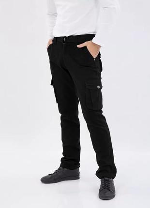 Мужские брюки карго прямые с ремнем черные8 фото