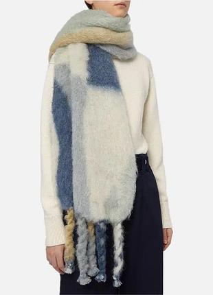 Теплий великий об'ємний вовняний блакитний шарф, шарф плацо-великий довгий із китицями