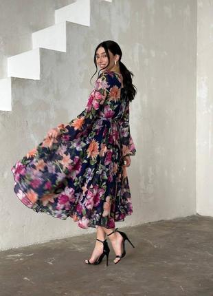Розпродаж 🏷 якість 💔 шифонова сукня міді під пояс з пишною спідницею і рукавами ліхтариками в квітковий принт
