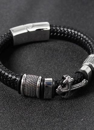 Мужской кожаный браслет с серебряными стальными вставками крест черный3 фото