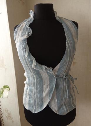 Натуральная стройнящая блузка на запах, лен, хлопок,полоска, на лето, рюши3 фото