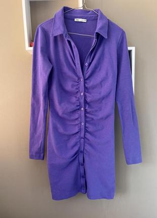 Фиолетовое платье со сборками zara платье-рубашка на пуговицах сиреневое 💜 длинные рукава хлопок короткое/среднее м 38/283 фото
